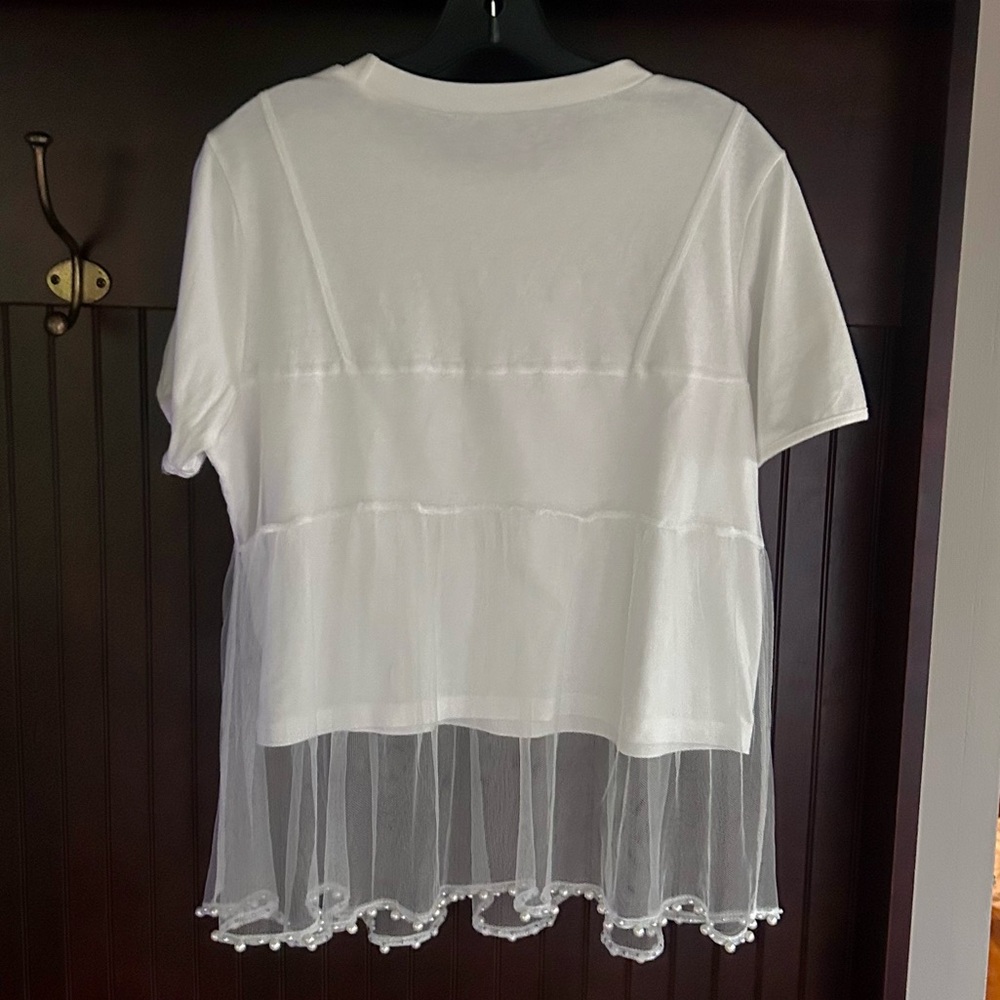 ON 12TH Empire Waist Pearl Beaded Sheer Mesh Overlay Peplum Tee Top T-Shirt Sz M - Picture 8 of 10